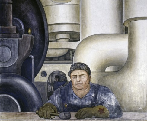 Detroit Industry, west wall (detail) worker with red star on glove. Diego Rivera, 1932-33, fresco. Detroit Institute of Arts