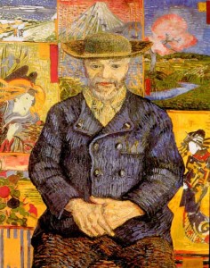 Van Gogh portrait of Pere Tanguy, 1887, in front of Van Gogh's collection of Japanese prints