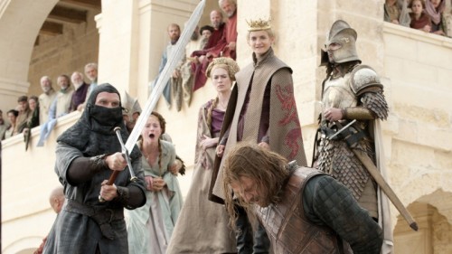 Game of Thrones: the execution of Ned Stark (l. to r. Sophie Turner, Lena Headey, Jack Gleeson, Sean Bean)