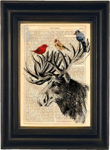 Moose head with colorful birds print on vintage upcycled page (Seller: ForgottenPages)