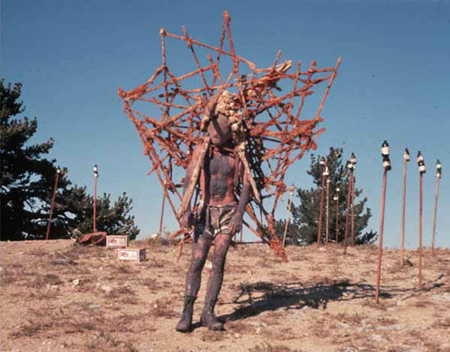 Kim Jones as "Mudman," October 1975, October Fest, Mt. Pinos, CA documentation of a performance, Courtesy of Kim Jones and Pierogi Gallery