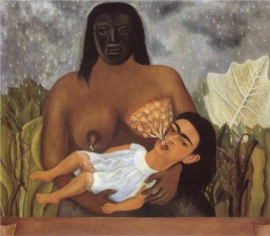 Frida Kahlo, My Nurse and I, 1937 – about which she said: "I am in my nurse's arms, with the face of a grownup woman and the body of a little girl, while milk falls from her nipples as if from the heavens."
