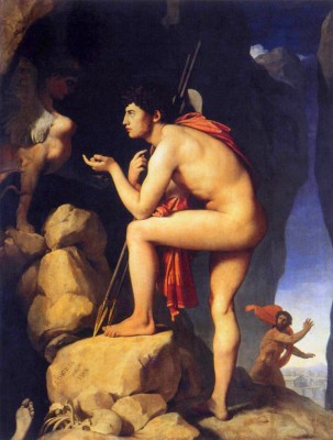 Oedipus & the Sphinx in their battle of wits. (Ingres)