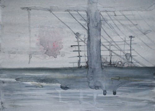 Astrid Cravens, Powerlines, 2011 Inks, graphite, and casein on paper, 16" x 12", courtesy of the artist. 